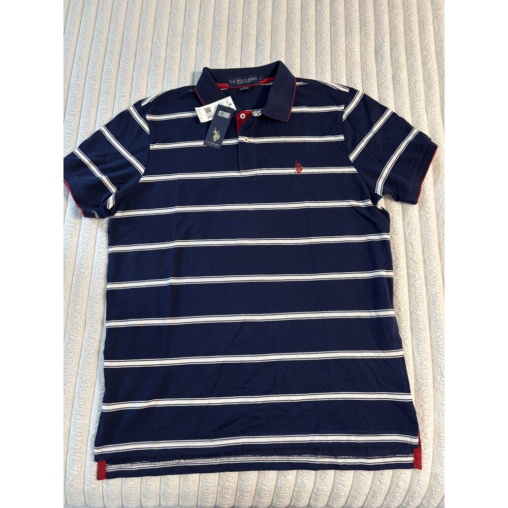 US Polo Assn Striped Short Sleeve Polo Shirt Mens large Navy blue White prep